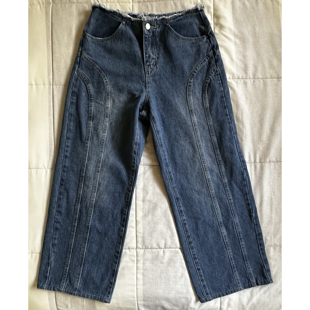 Architectural Barrel Leg Horseshoe Jeans Wide Leg Seamed Blue Denim Sz